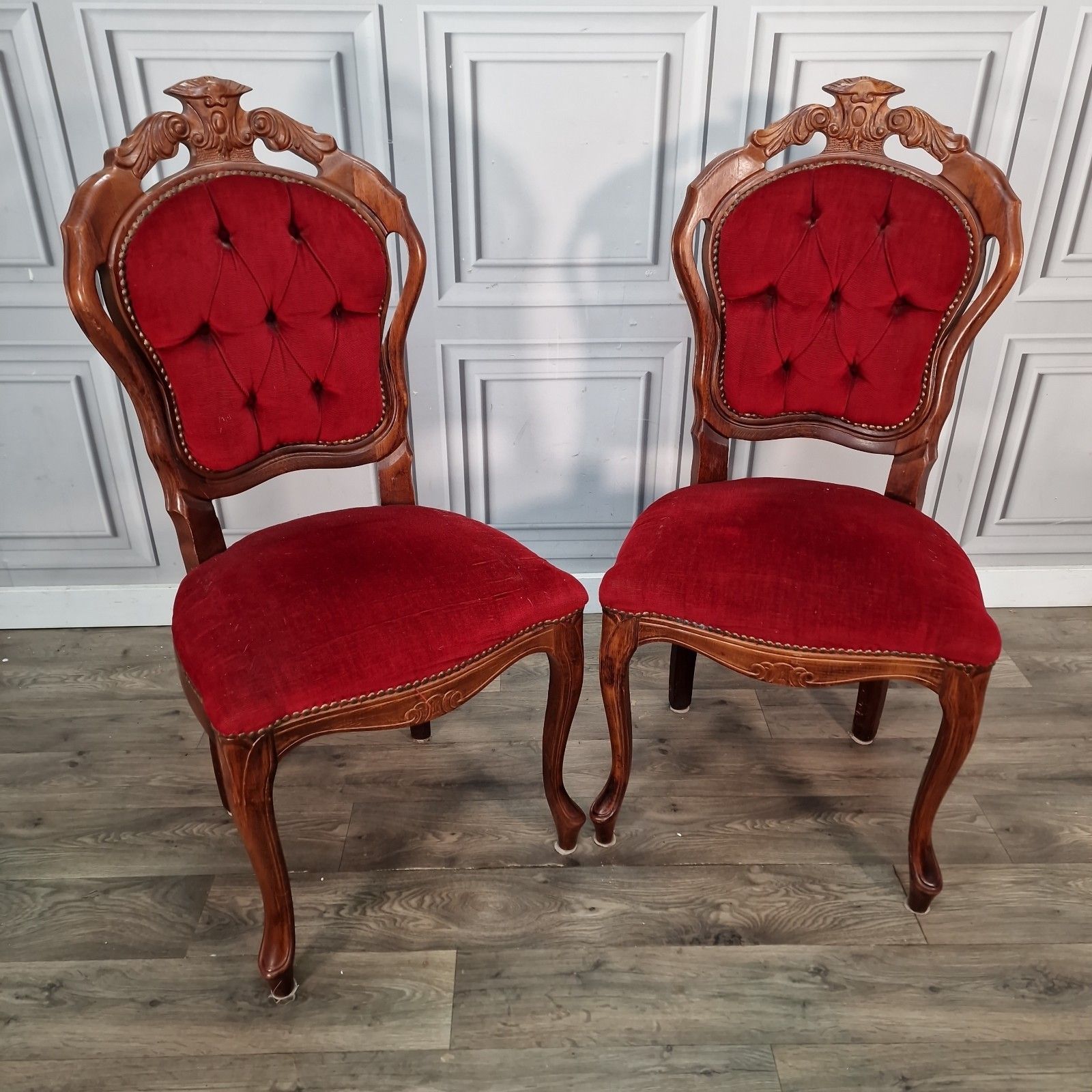 Antique Victorian Style Chairs Pair Carved Walnut Red Upholstery Bedroom Seats photo furniture