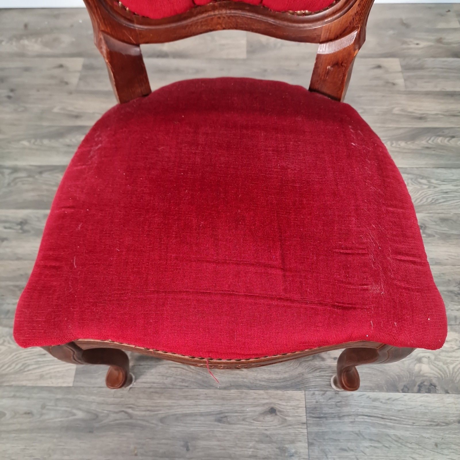 Antique Victorian Style Chairs Pair Carved Walnut Red Upholstery Bedroom Seats photo vintage