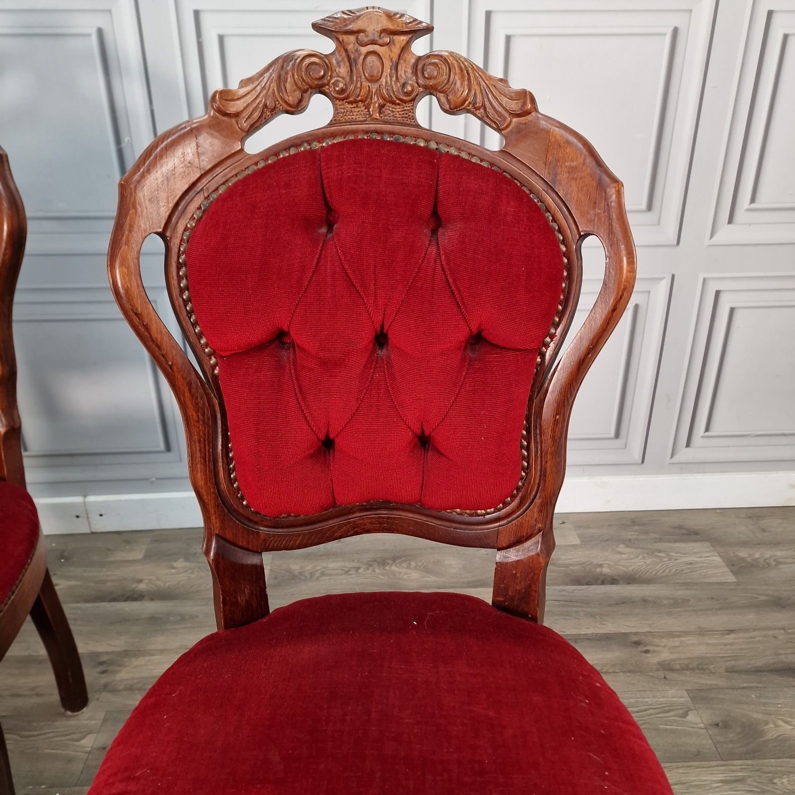 Furniture Antique Victorian Style Chairs Pair Carved Walnut Red Upholstery Bedroom Seats photo
