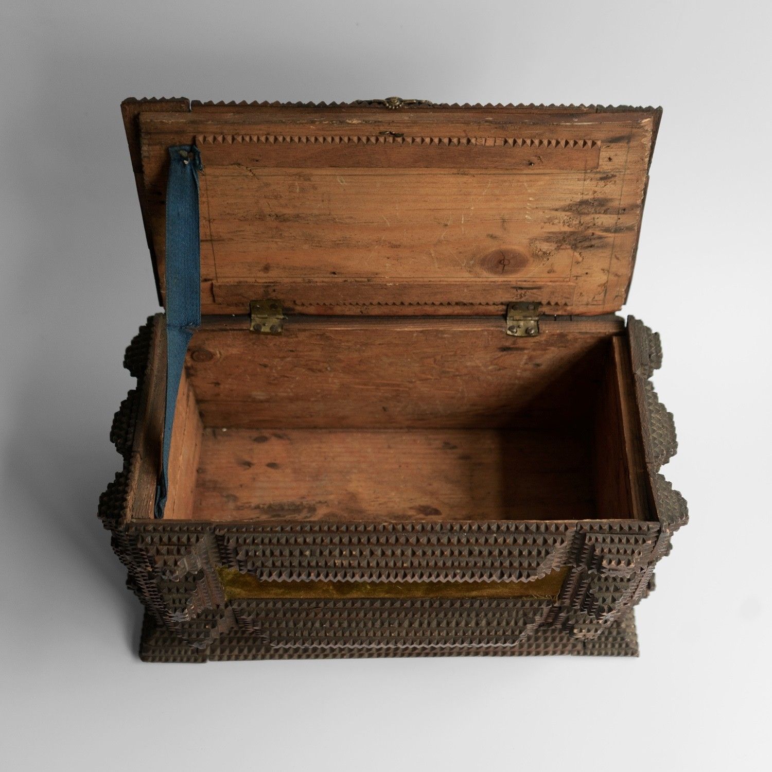photo for sale Antique Tramp Art Carved Wooden Box, Folk Art Jewellery Casket, Late 19th C.