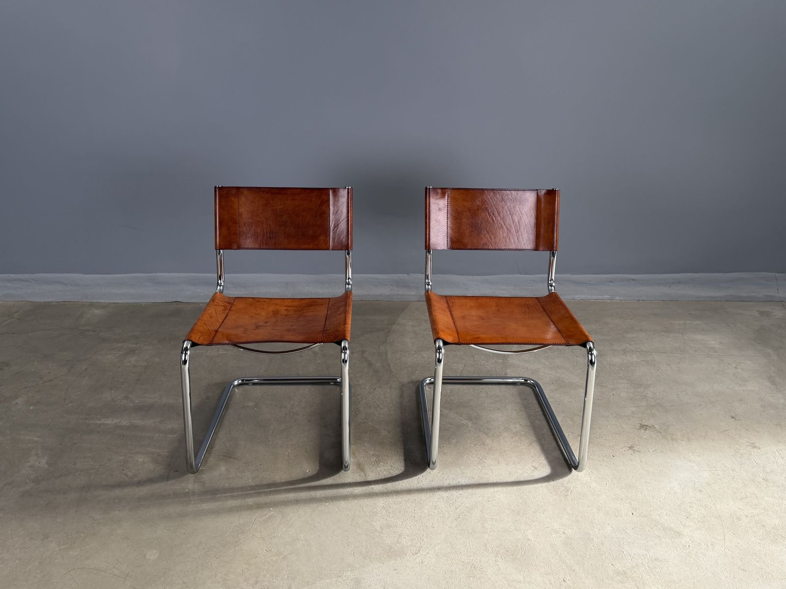 Pair Dining Or Desk Or Side Chair Mart Stam Marcel Breuer S33 Set Of 2 Two Chrome Tan Cognac Brown Leather Cantilever Bauhaus Matteo Grassi photo 1595.0
