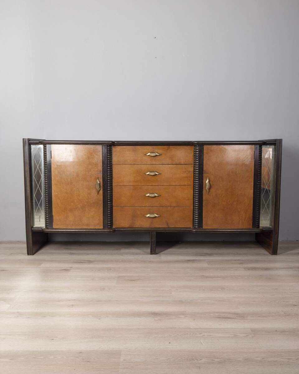 1940s Vintage Sideboard In Wood And Glass Italian Art Deco Design photo furniture
