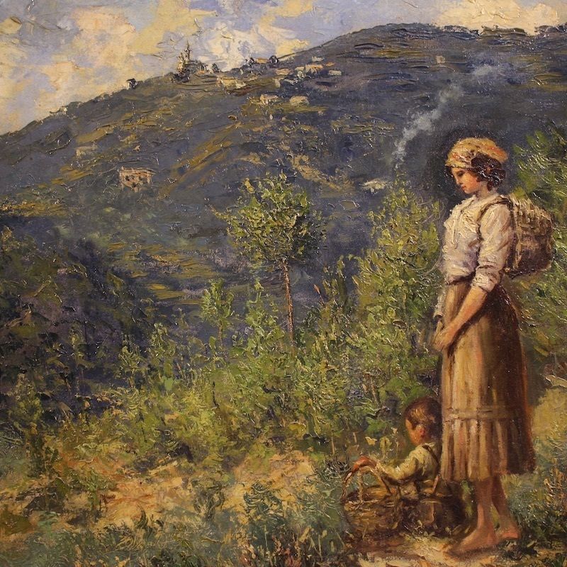 photo buy Italian Landscape With Figure Painting Signed And Dated 1914
