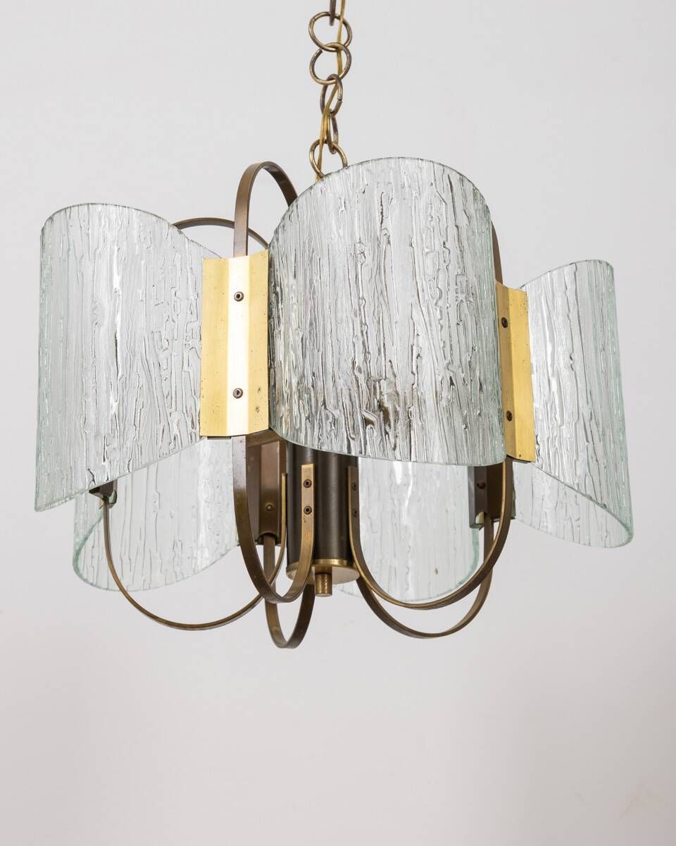 Vintage 60's Chandelier In Brass And Worked Glass Italian Design photo 808.0