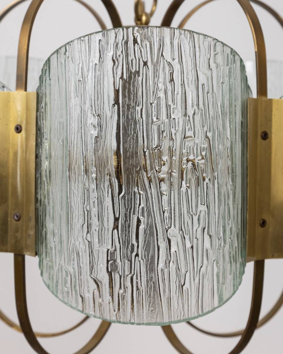 Vintage 60's Chandelier In Brass And Worked Glass Italian Design photo buy