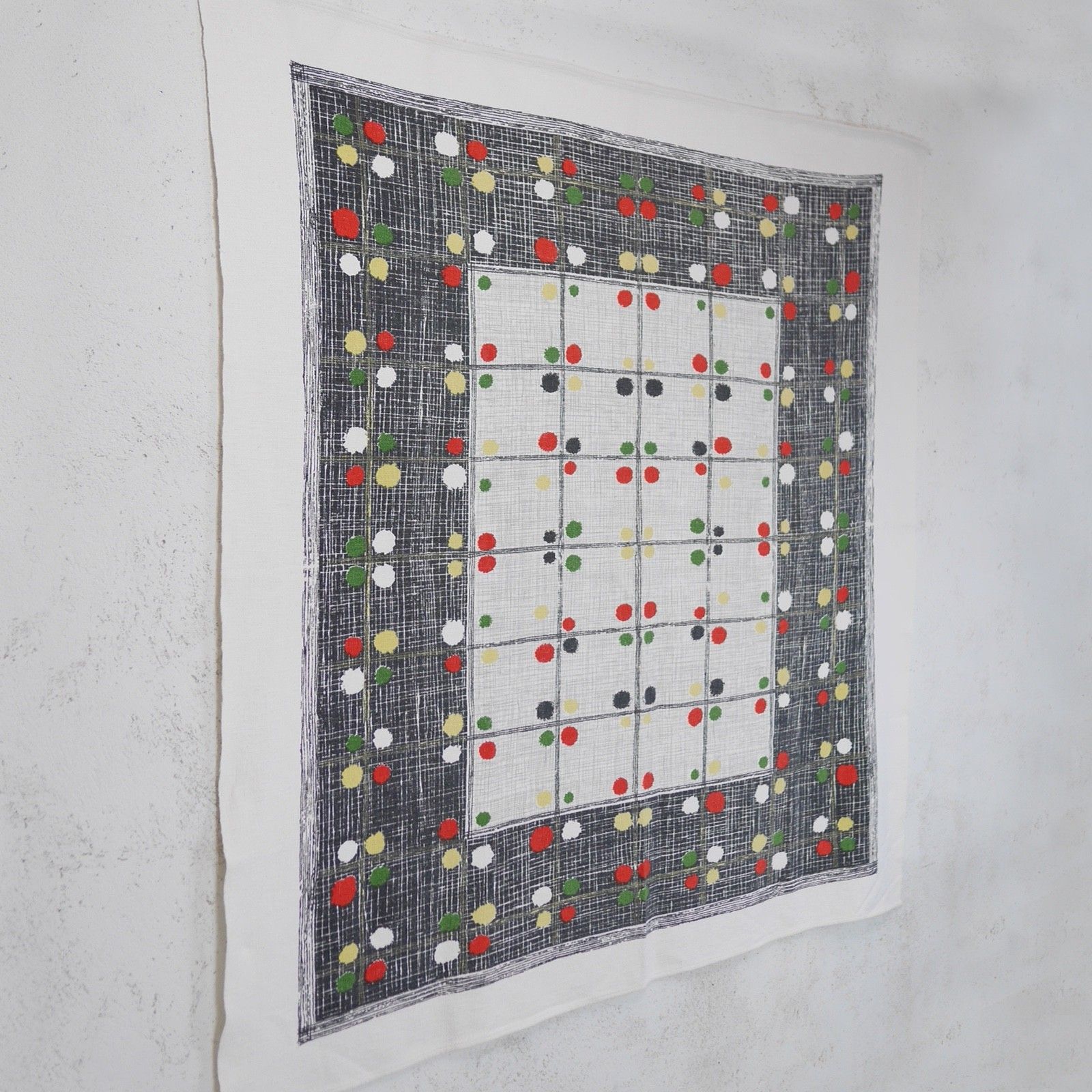 Mid Century Tablecloth Fabric Cotton Geometric Dot Black Green Red #103221 photo Textiles
