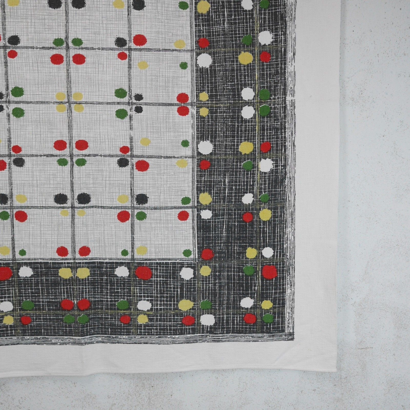 photo for sale Mid Century Tablecloth Fabric Cotton Geometric Dot Black Green Red #103221
