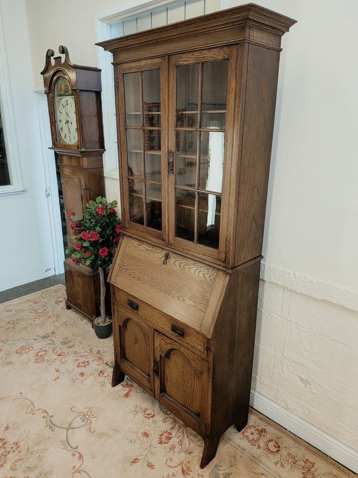 Edwardian Solid Oak Bookcase Bureau photo for sale