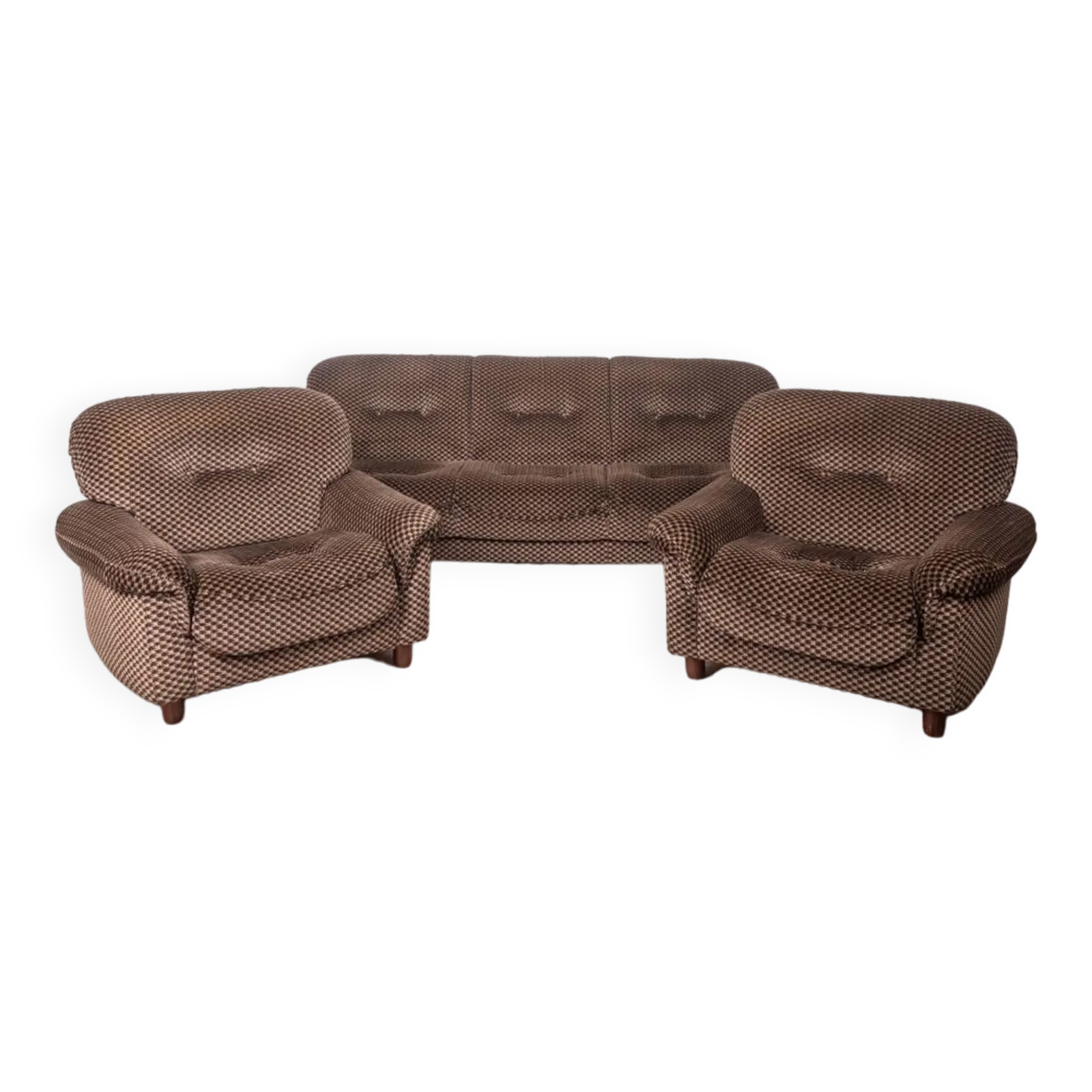Living Room Sofa And Pair Of Vintage Armchairs From The 70s In Italian Design Fabric