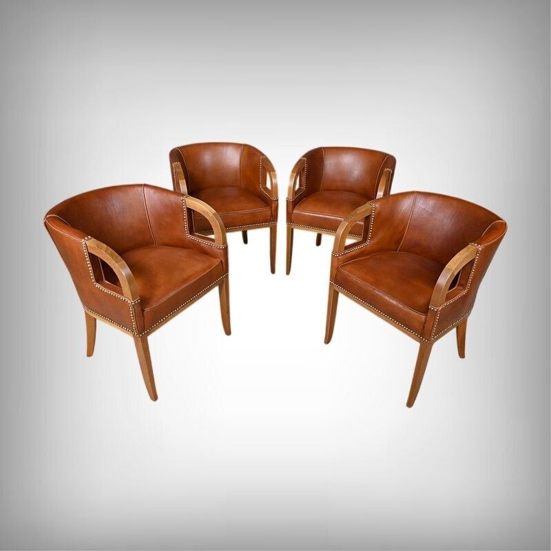 Set Of 4 Art Deco Armchairs In Walnut & Leather – 1940