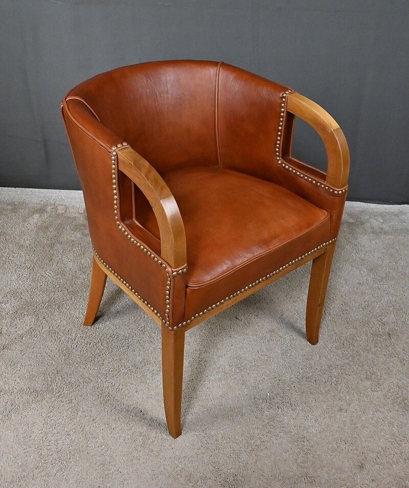 4568.0 Set Of 4 Art Deco Armchairs In Walnut & Leather – 1940 photo