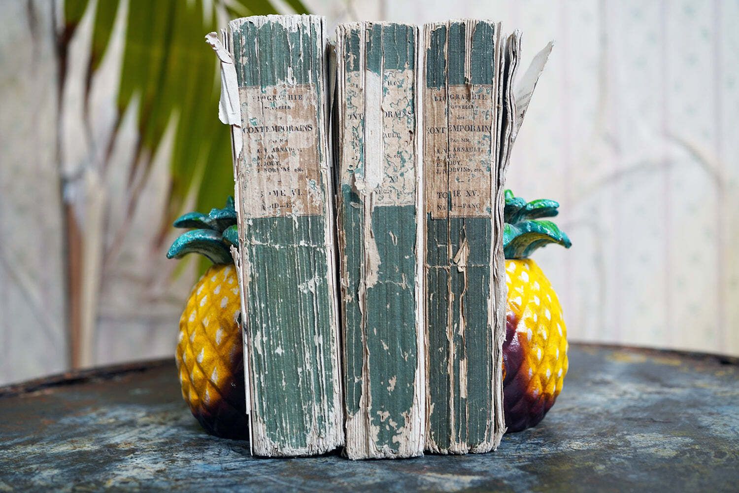 A Pair Of Mid 20thc Novelty Cold Painted Cast Metal Bookends In The Form Of A Pineapple C.1960 70 photo for sale