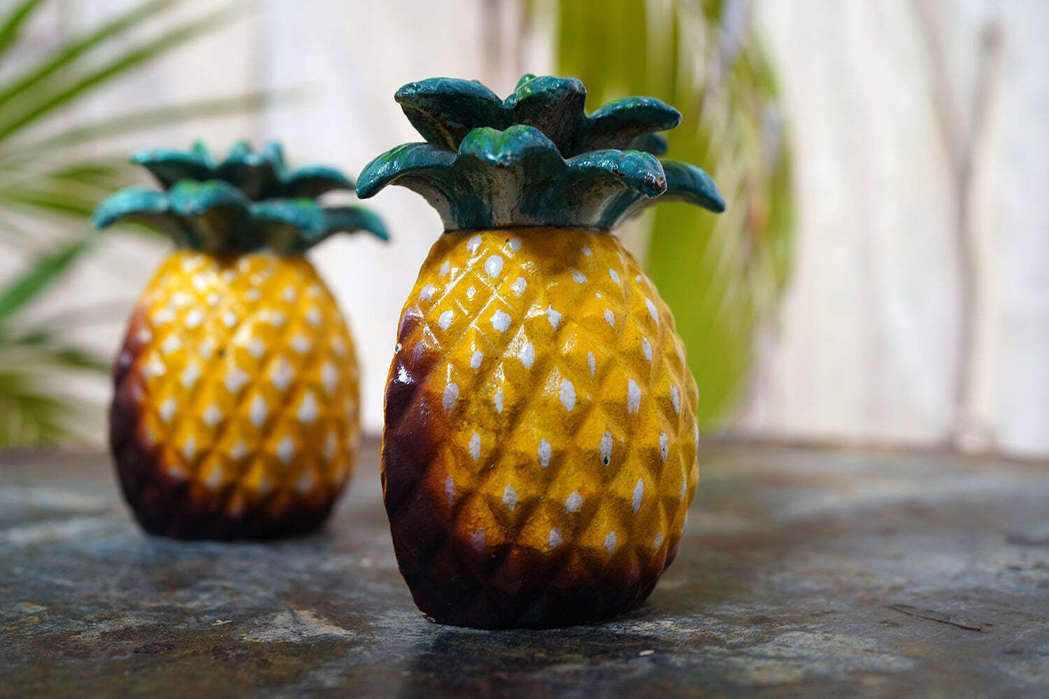 A Pair Of Mid 20thc Novelty Cold Painted Cast Metal Bookends In The Form Of A Pineapple C.1960 70 photo Home Decor