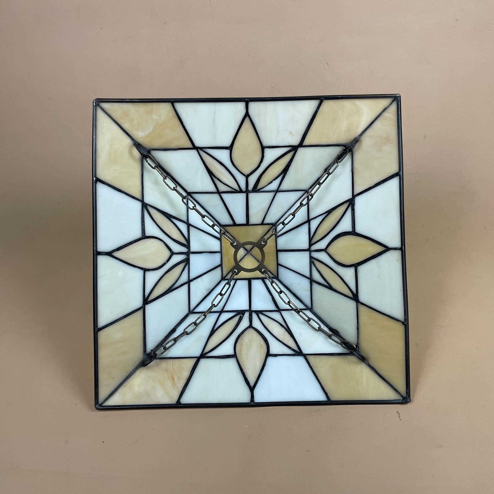 Art Deco Stained Glass Tiffany Style Ceiling Shade White Cream Geometric Chain Hanging Light Shade photo buy