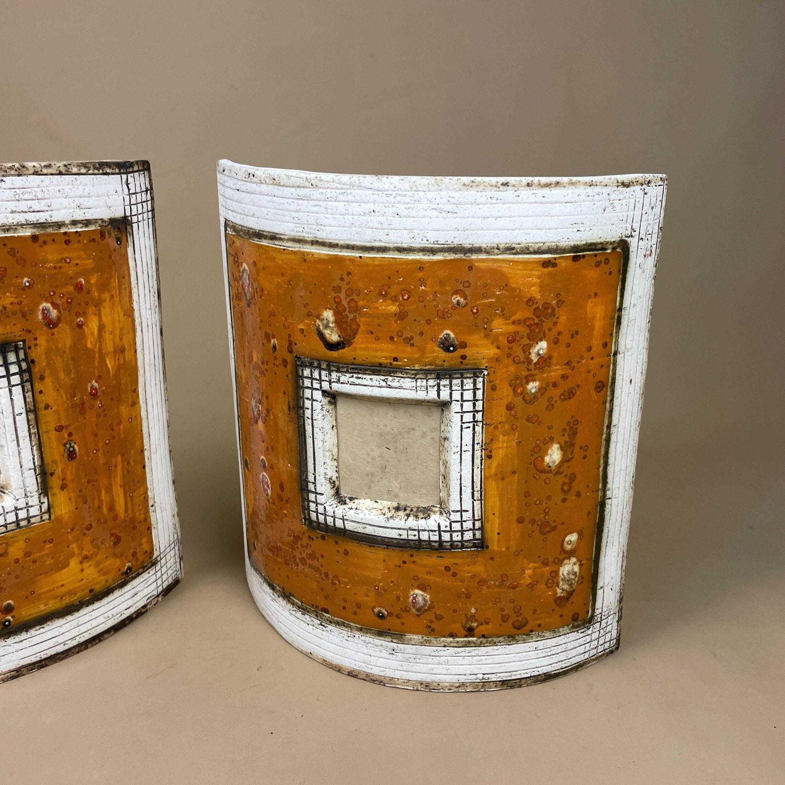 Handmade Ceramic Wall Light Pair African Brutalist Studio Pottery Sconce White Amber Mustard Geometric Wall Accent Decor photo Lighting