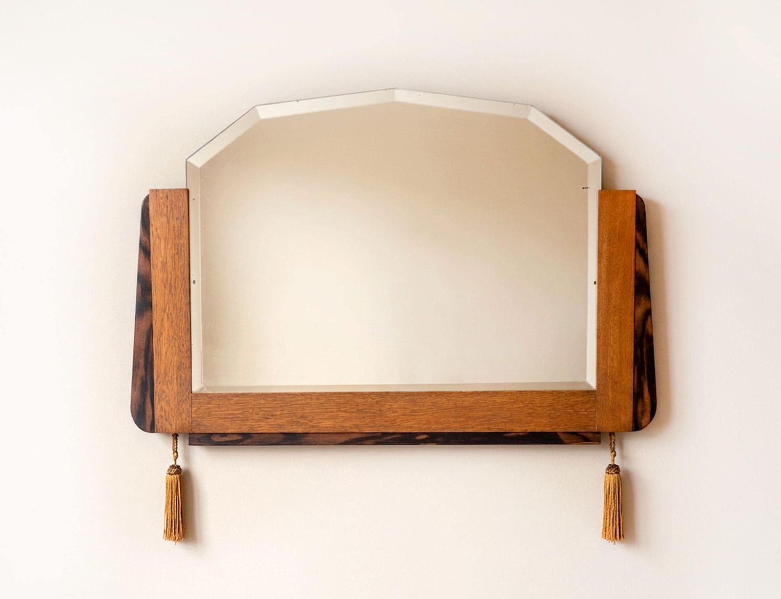 Antique Dutch Art Deco Oak Wall Mirror With Beveled Glass   1920s Amsterdam School Mantel Mirror With Tassels