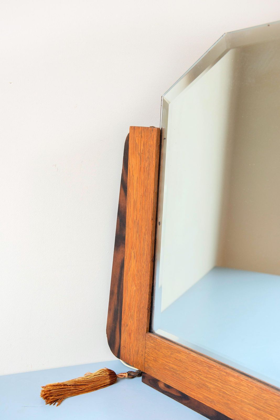 Antique Dutch Art Deco Oak Wall Mirror With Beveled Glass   1920s Amsterdam School Mantel Mirror With Tassels photo for sale