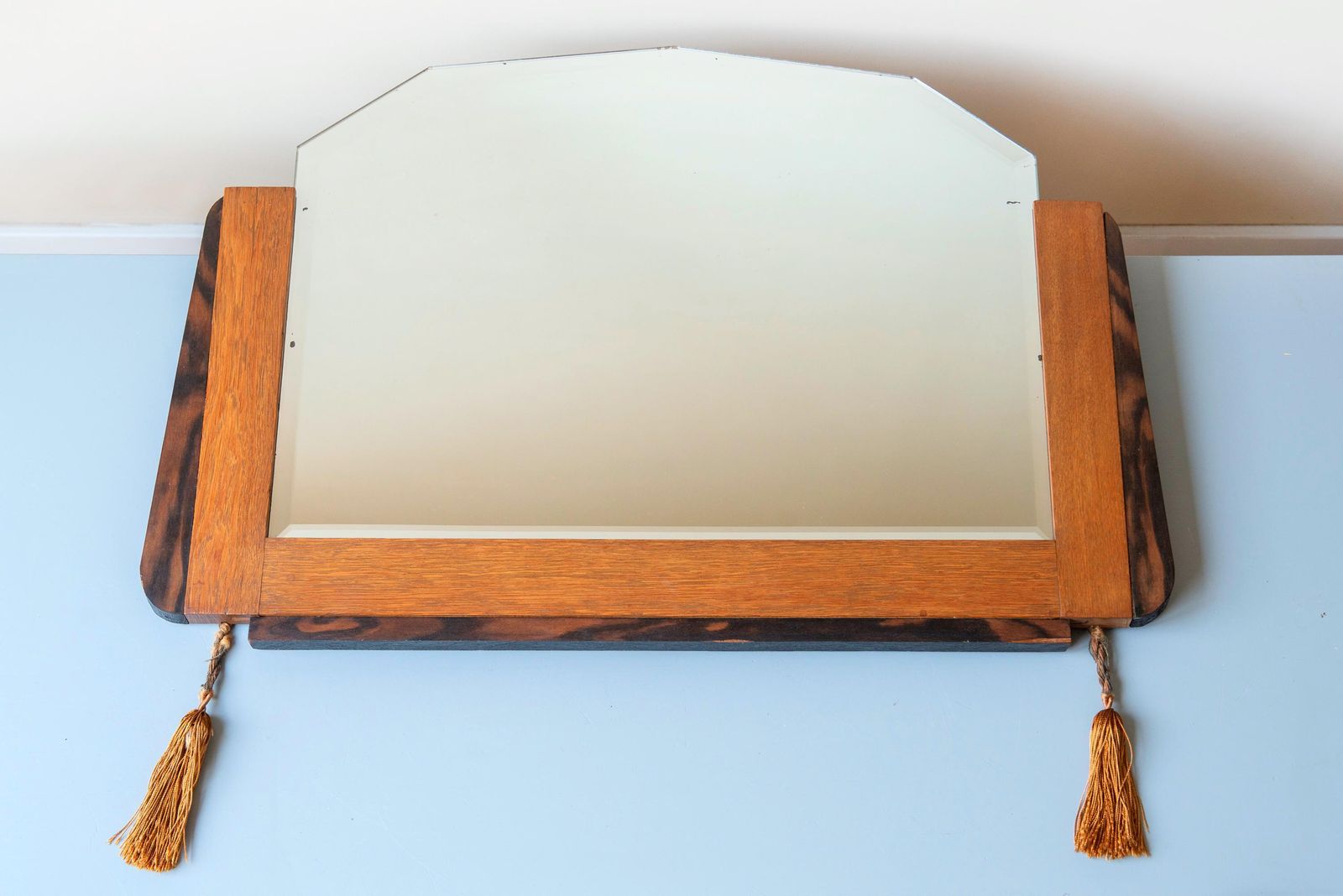 Antique Dutch Art Deco Oak Wall Mirror With Beveled Glass   1920s Amsterdam School Mantel Mirror With Tassels photo buy