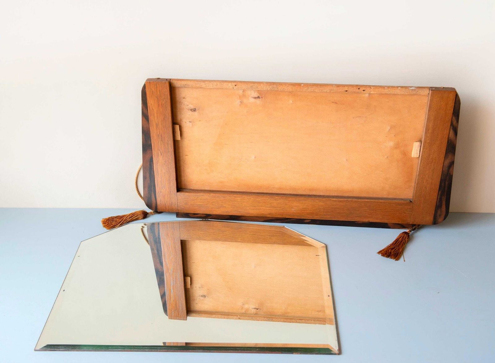 photo furniture Antique Dutch Art Deco Oak Wall Mirror With Beveled Glass   1920s Amsterdam School Mantel Mirror With Tassels