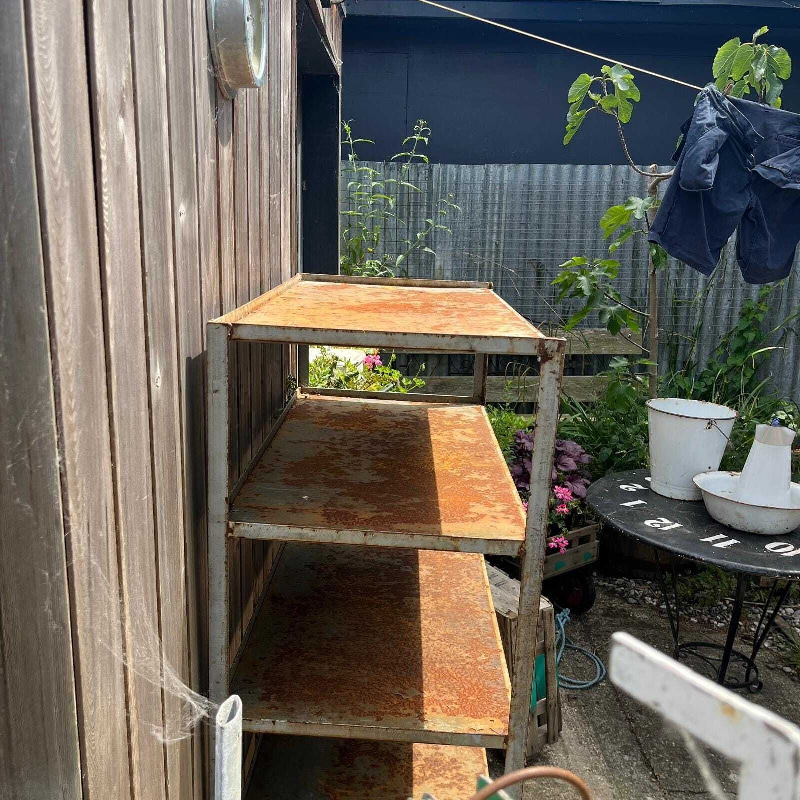Industrial Salvage Metal Wheeled 5 Shelf Stacking Unit On Castors Great Patina photo Furniture
