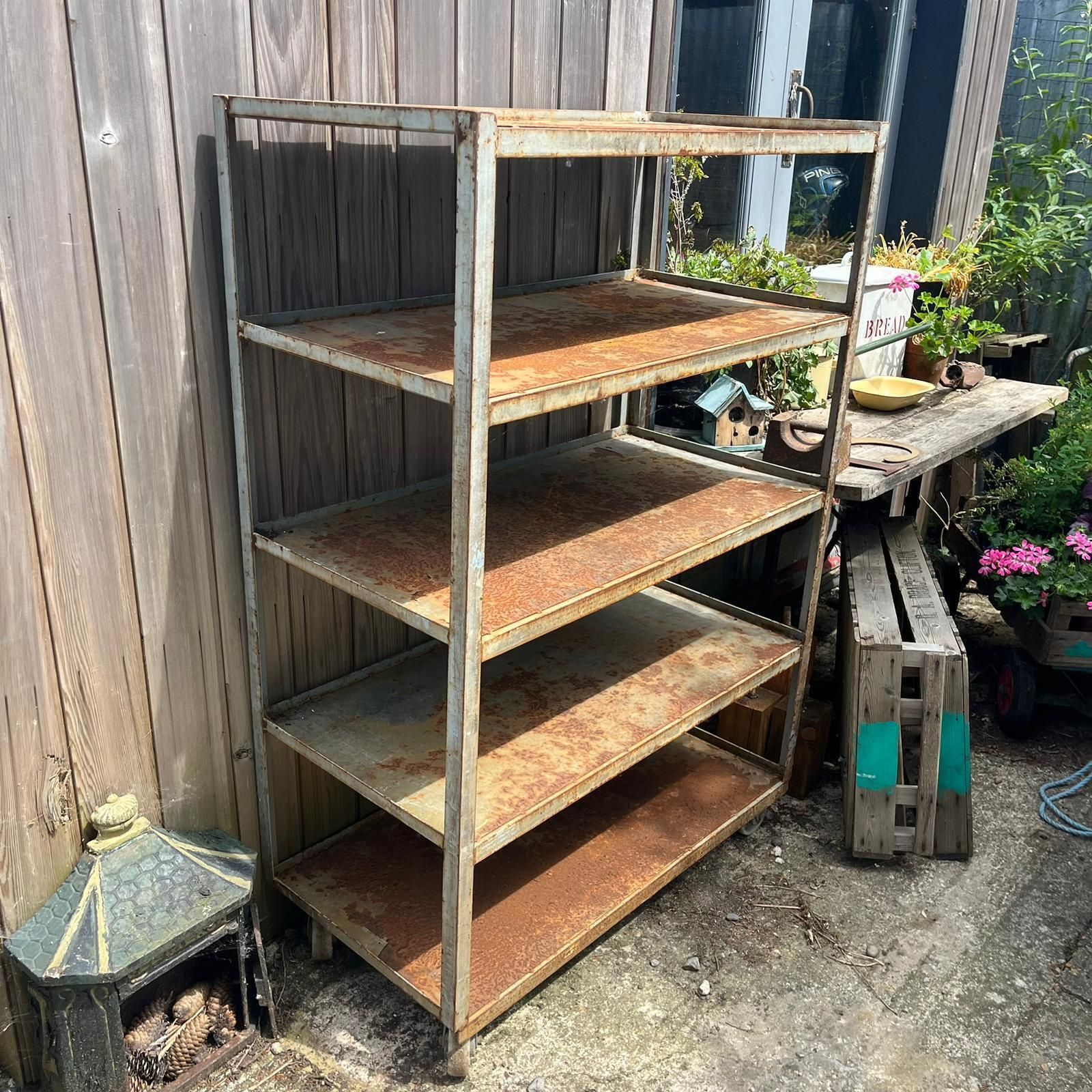 Industrial Salvage Metal Wheeled 5 Shelf Stacking Unit On Castors Great Patina photo vintage
