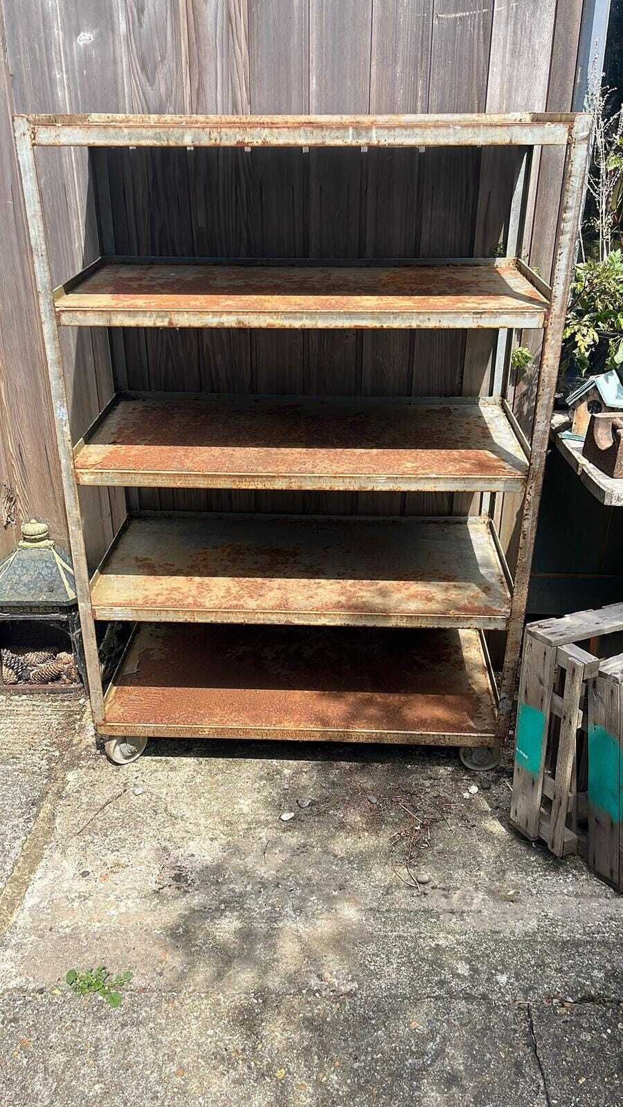 photo furniture Industrial Salvage Metal Wheeled 5 Shelf Stacking Unit On Castors Great Patina