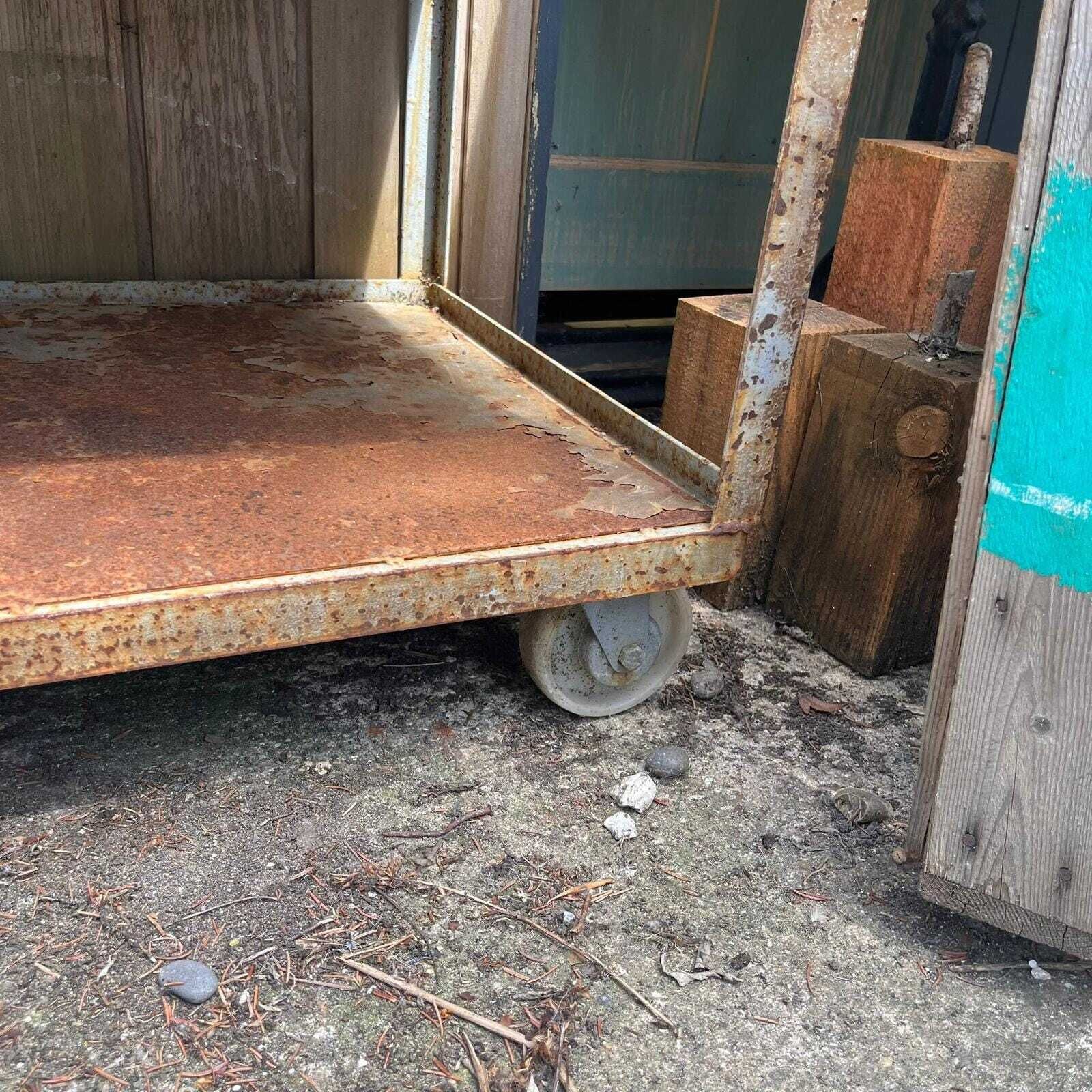 photo for sale Industrial Salvage Metal Wheeled 5 Shelf Stacking Unit On Castors Great Patina