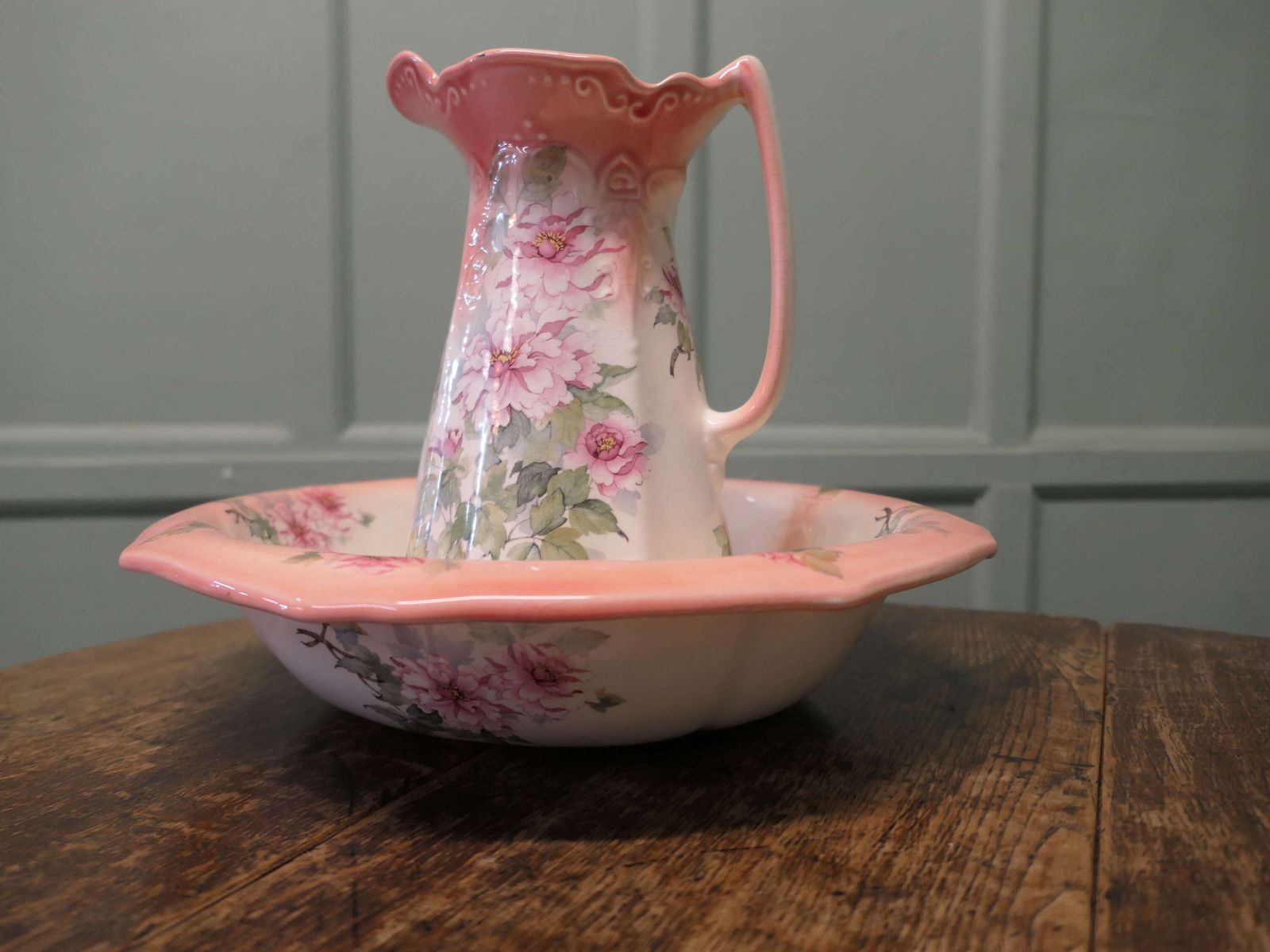 Ironstone Pitcher And Bowl Hand Painted, Pink Roses This Attractive And Colourful Pair