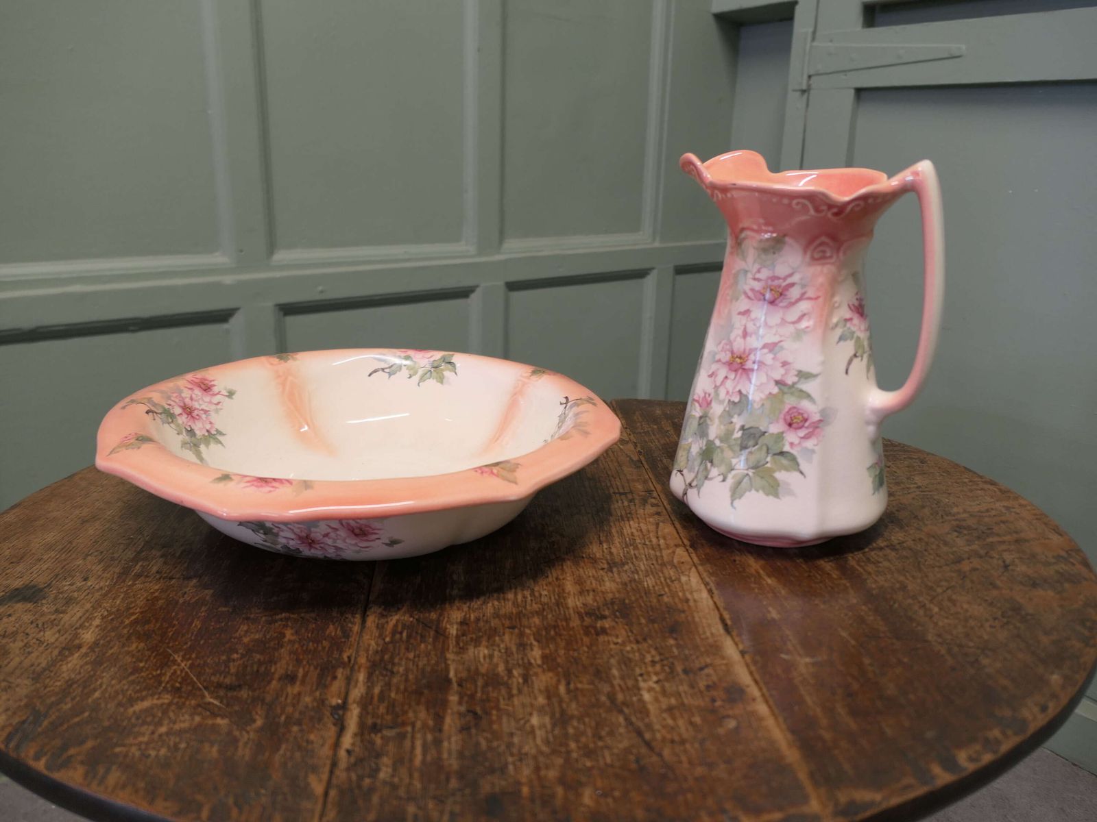 Ironstone Pitcher And Bowl Hand Painted, Pink Roses This Attractive And Colourful Pair photo furniture