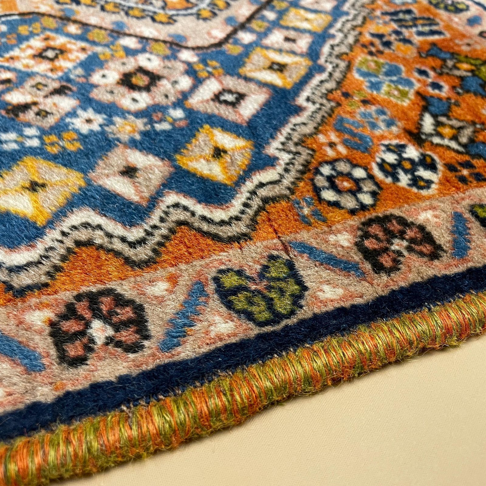 Small Accent Rug Wool Middle Eastern Style Decorative Tasselled Orange Blue Detailed Pattern photo vinterior