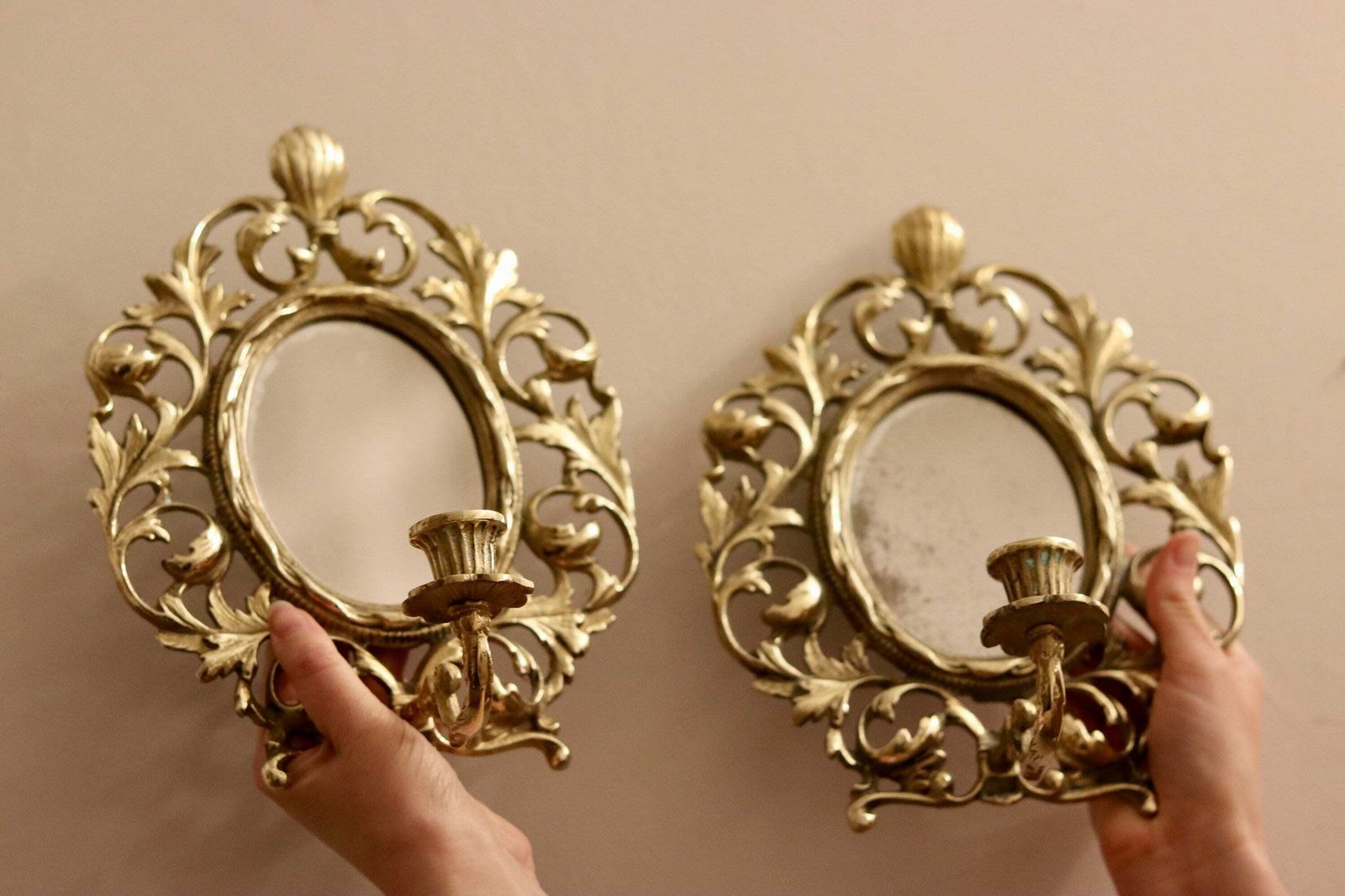 Pair Of Antique French Brass Sconces With Mirror photo furniture