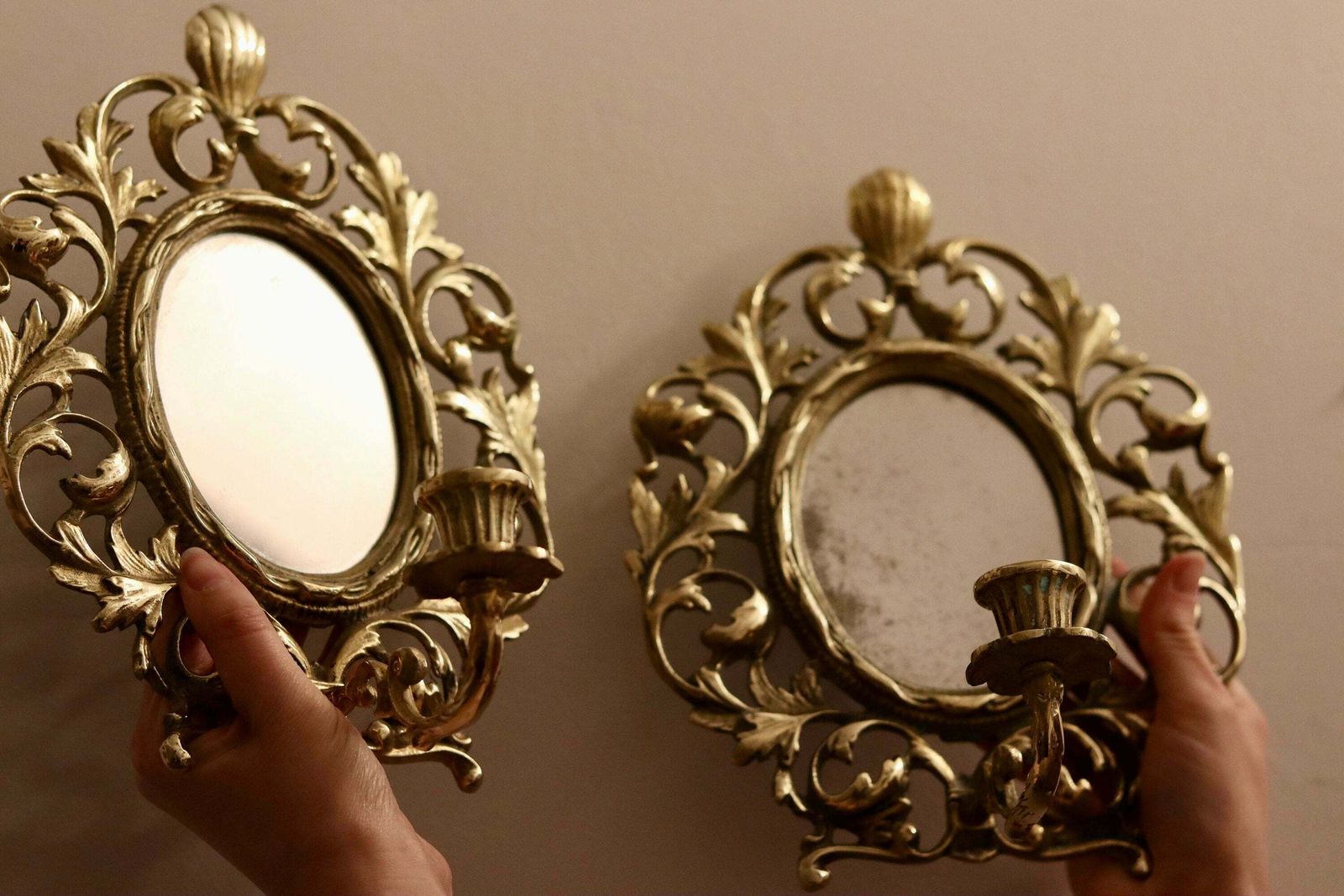 Pair Of Antique French Brass Sconces With Mirror photo for sale