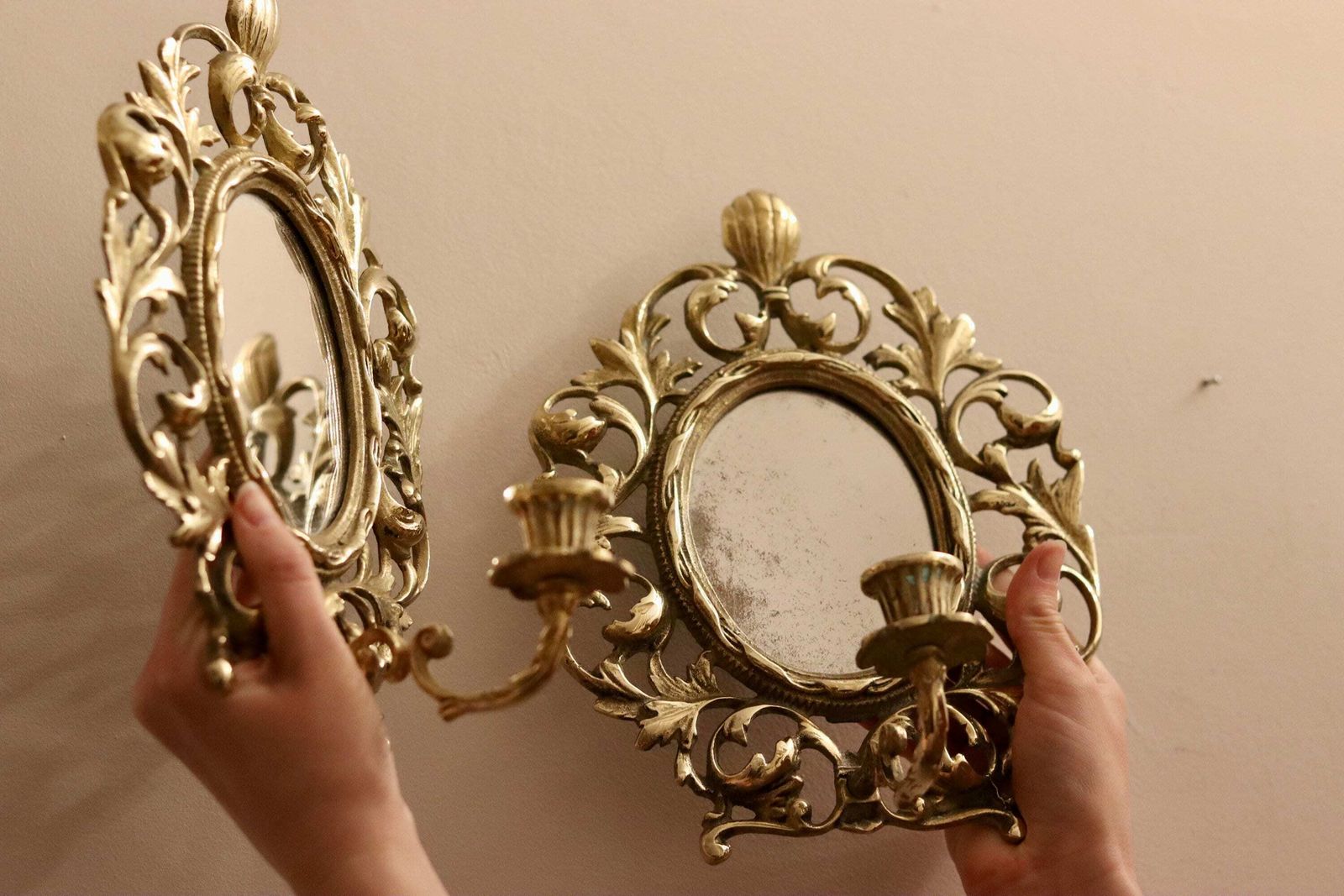 Pair Of Antique French Brass Sconces With Mirror photo Home Decor