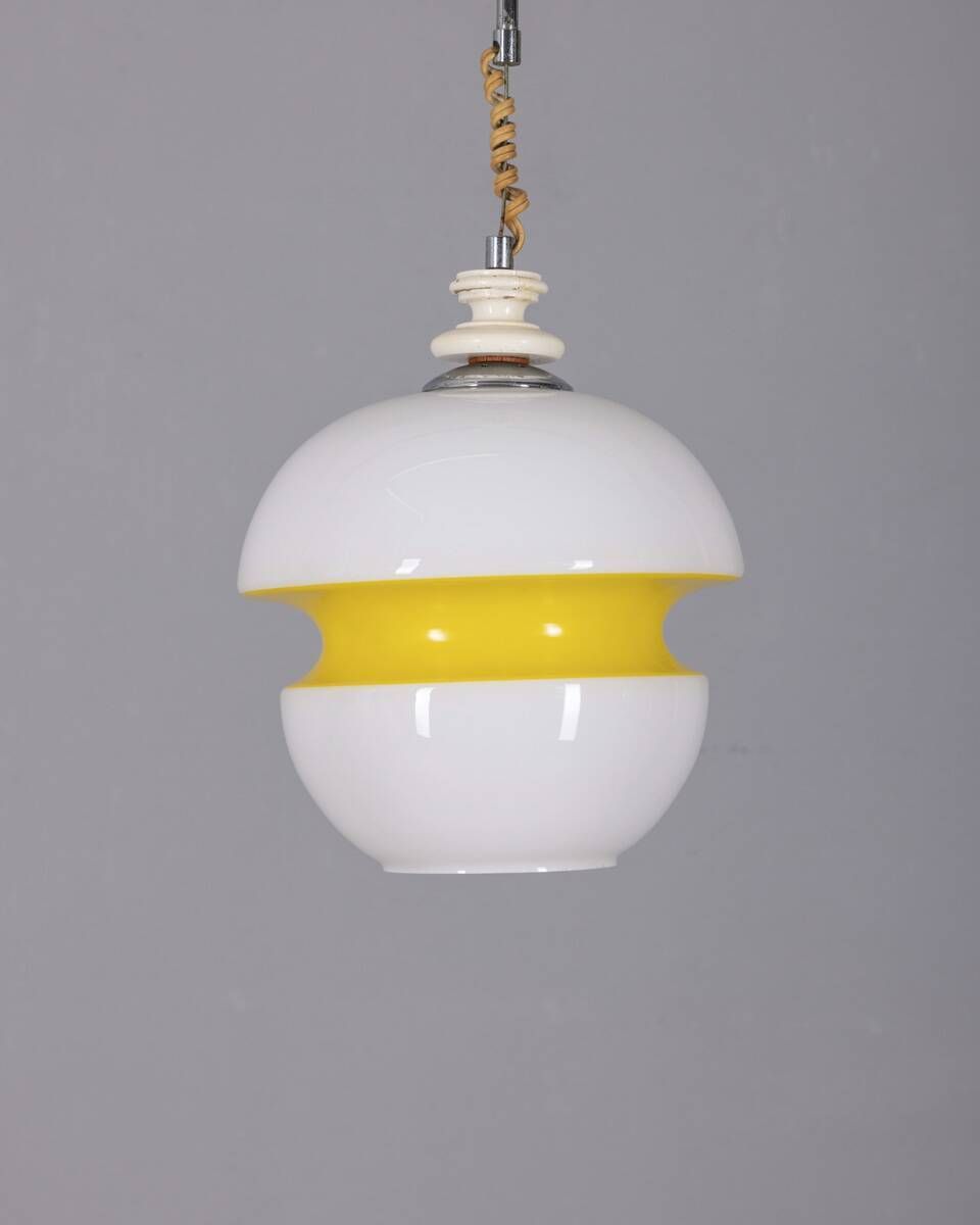 Vintage 1970s Chandelier In White And Yellow Glass Italian Design photo buy