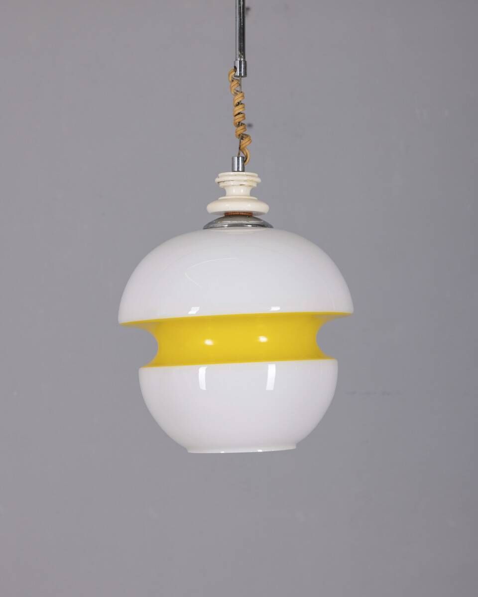 Vintage 1970s Chandelier In White And Yellow Glass Italian Design photo vintage