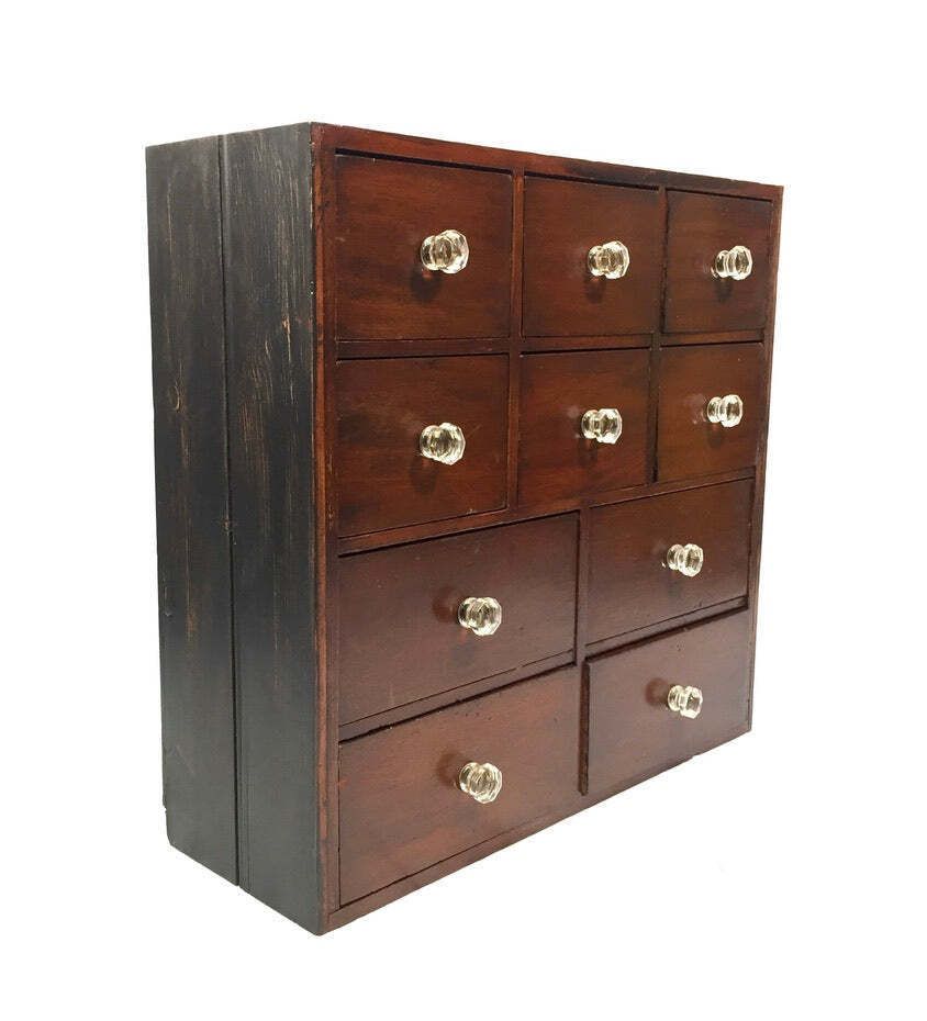 Antique Tabletop Victorian Apothecary Shop Chest Of Drawers Cabinet Glass Handle