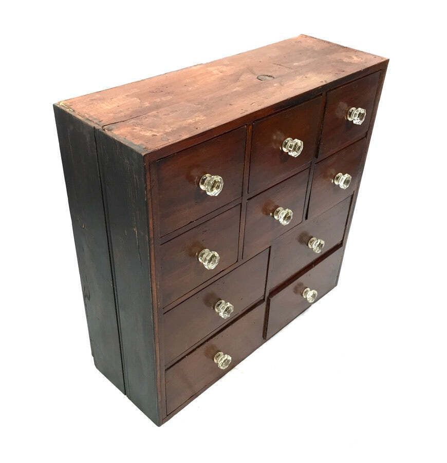 Antique Tabletop Victorian Apothecary Shop Chest Of Drawers Cabinet Glass Handle photo for sale
