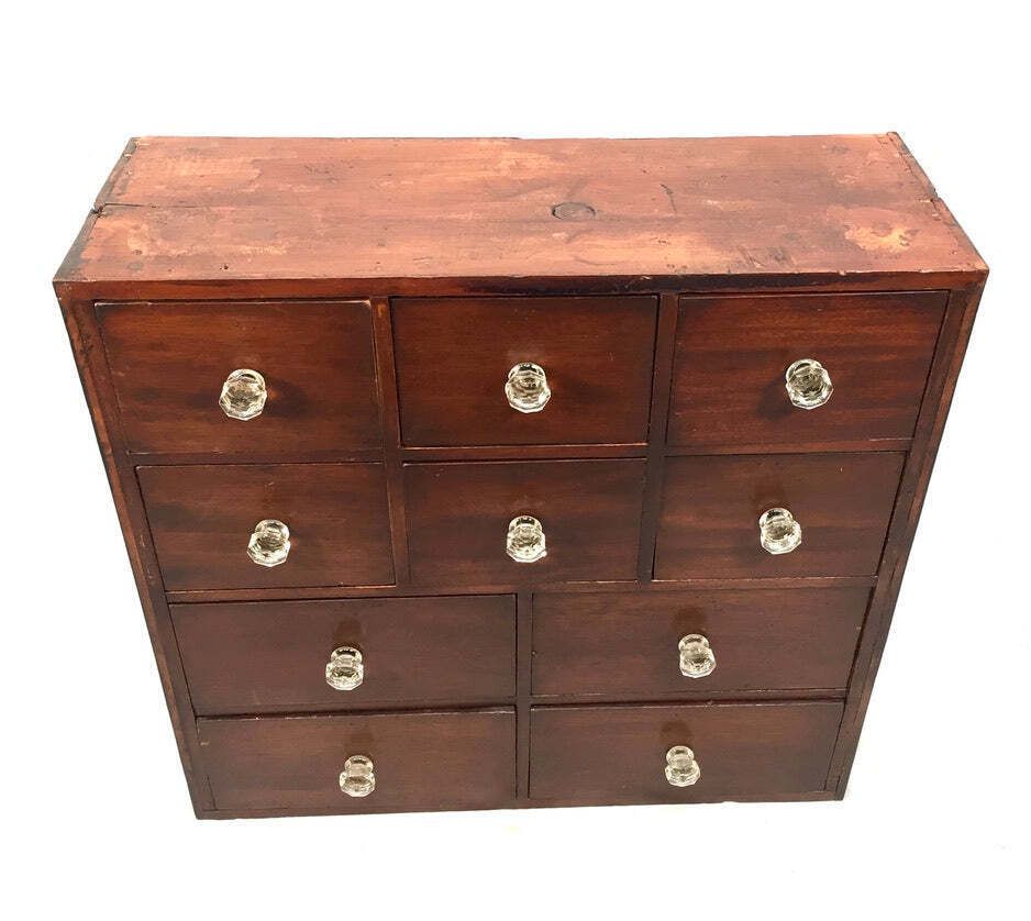 Antique Tabletop Victorian Apothecary Shop Chest Of Drawers Cabinet Glass Handle photo buy