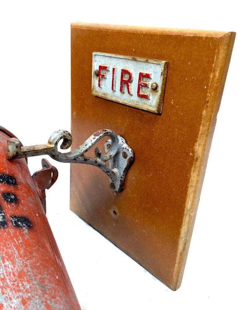 Antique Red Galvanised Fire Bucket & Handle / Original Wooden Wall Bracket Sign photo for sale