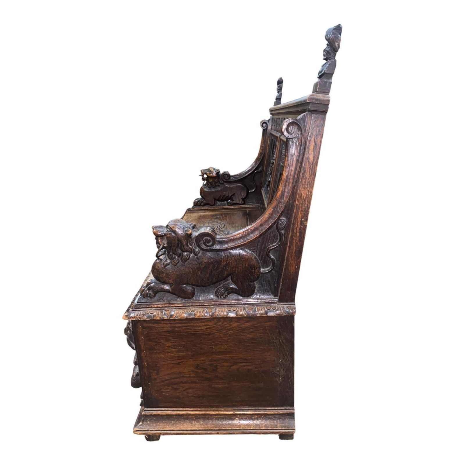 French Carved Oak Settle Renaissance Revival Hall Monks Bench With Lion Masks C.1860 photo 1595.0
