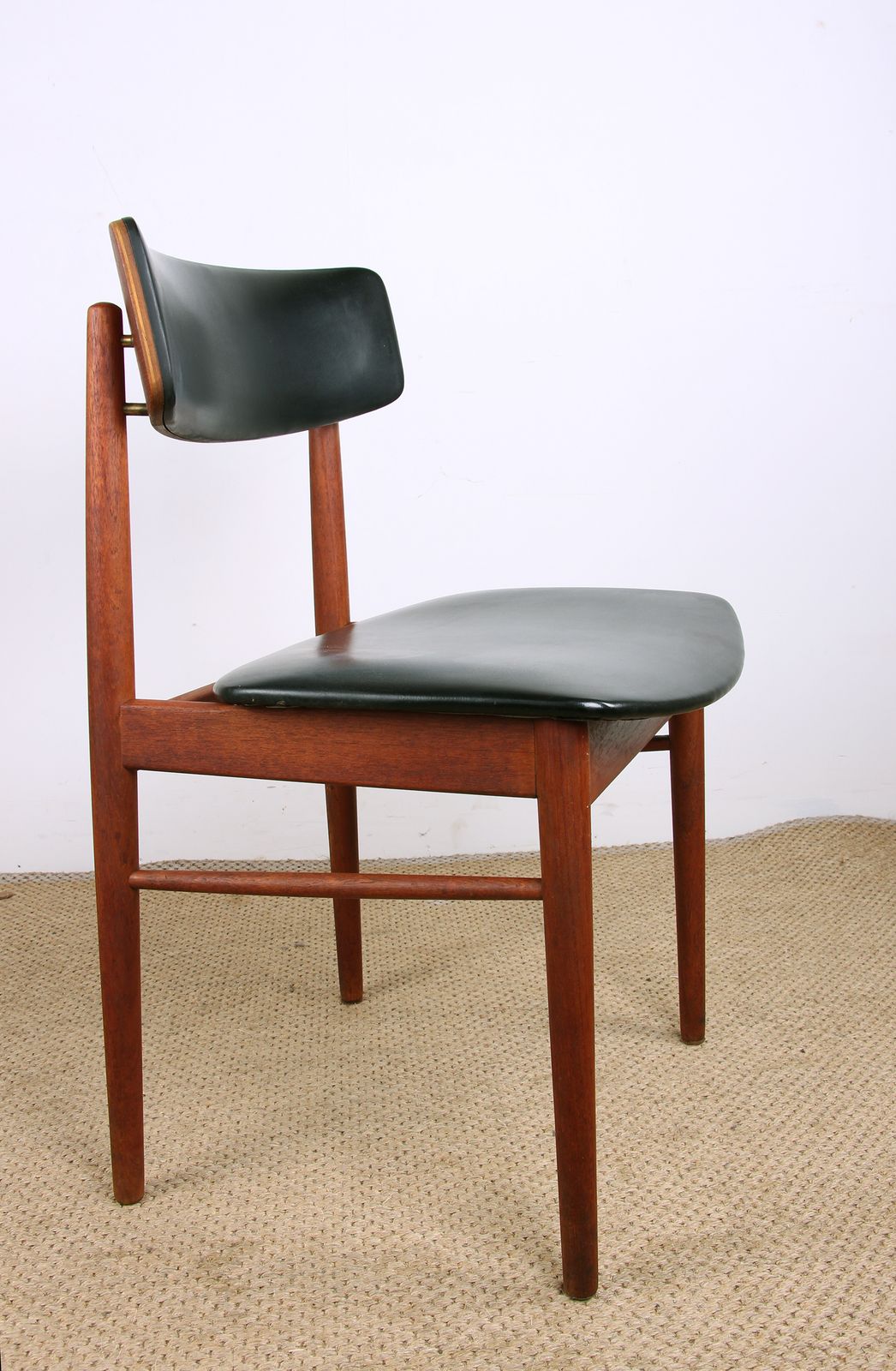 Set Of 4 Danish Chairs In Teak, Black Skai And Brass By Sven Chrobat For Sax 1960.
