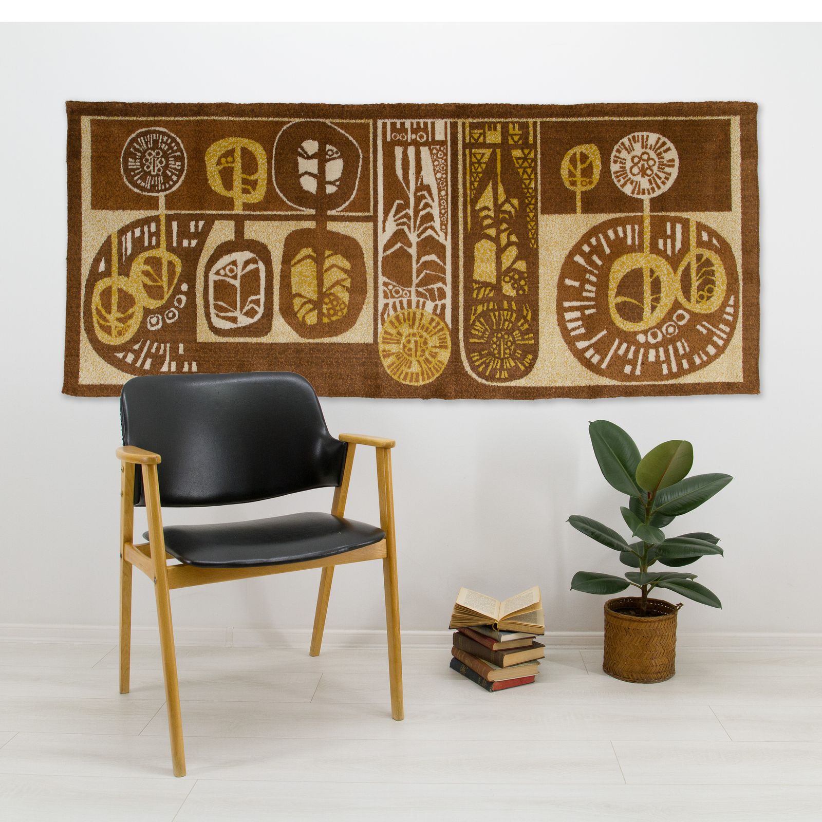 Abstracte moderne wandtapisserie in bruin en goud, vintage jaren 1960