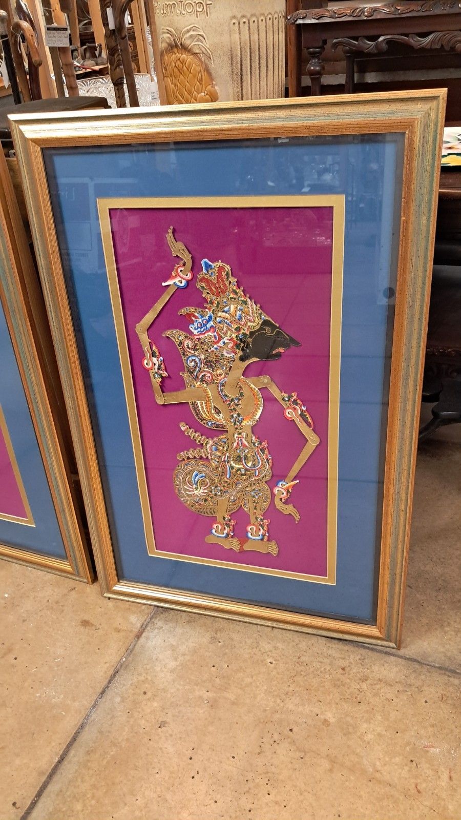 Pair Of Vintage Framed Indonesian Wayang Kulit Shadow Puppets photo furniture