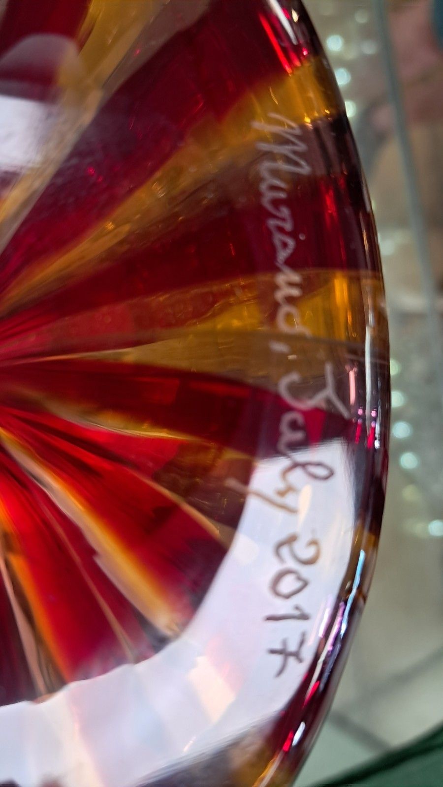 photo for sale Stunning Murano Glass Samantha Red/ Yellow Ribboned Glass Decanter With Coa