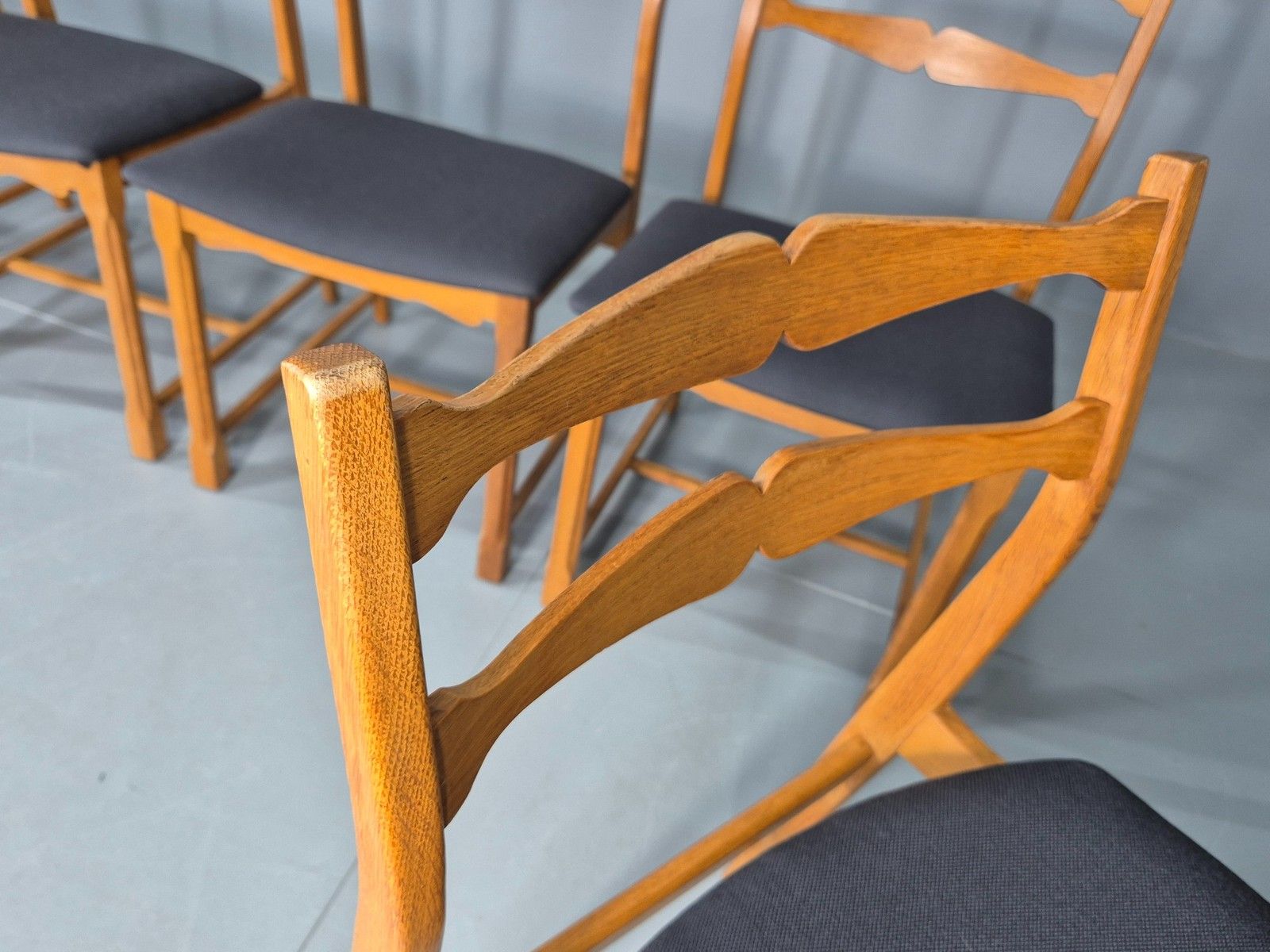 photo for sale 5 Vintage Kjaernulf Style Dining Chairs Oak Frame New Seats 1970s Retro Eb12141