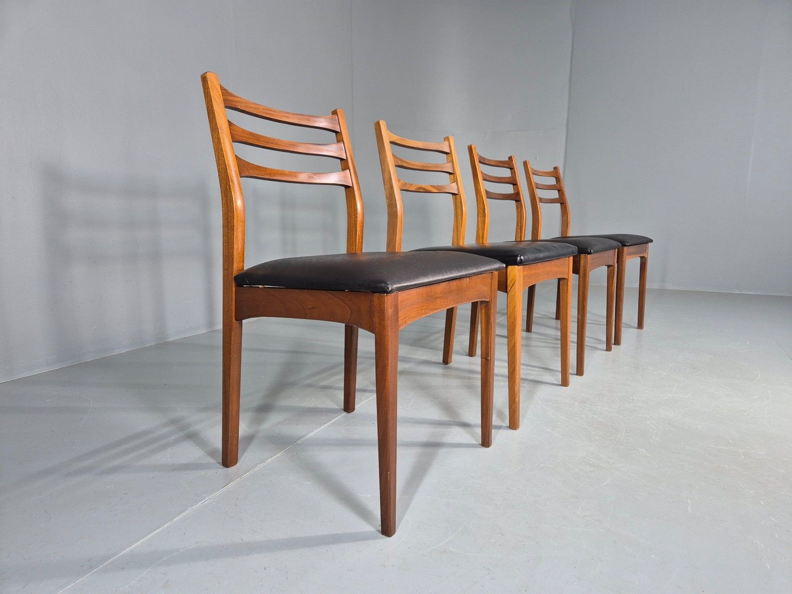 4 Vintage Teak Dining Chairs 1960s Mid Century Retro Black Vinyl Eb12189 photo furniture