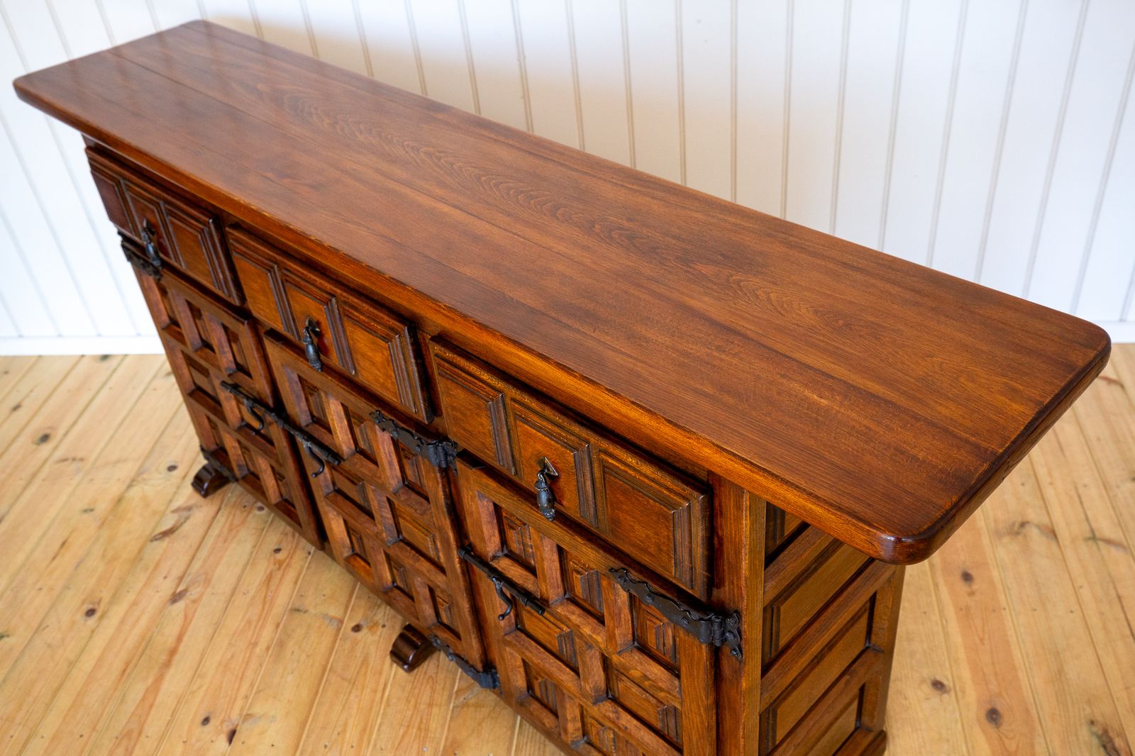 photo for sale Spanish Sideboard Credenza Navarro Argudo Baroque Tuscan Mid Century Walnut Iron Brutalist Geometric Catalan