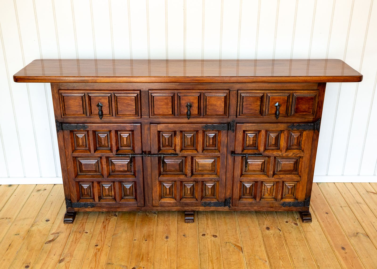 Spanish Sideboard Credenza Navarro Argudo Baroque Tuscan Mid Century Walnut Iron Brutalist Geometric Catalan
