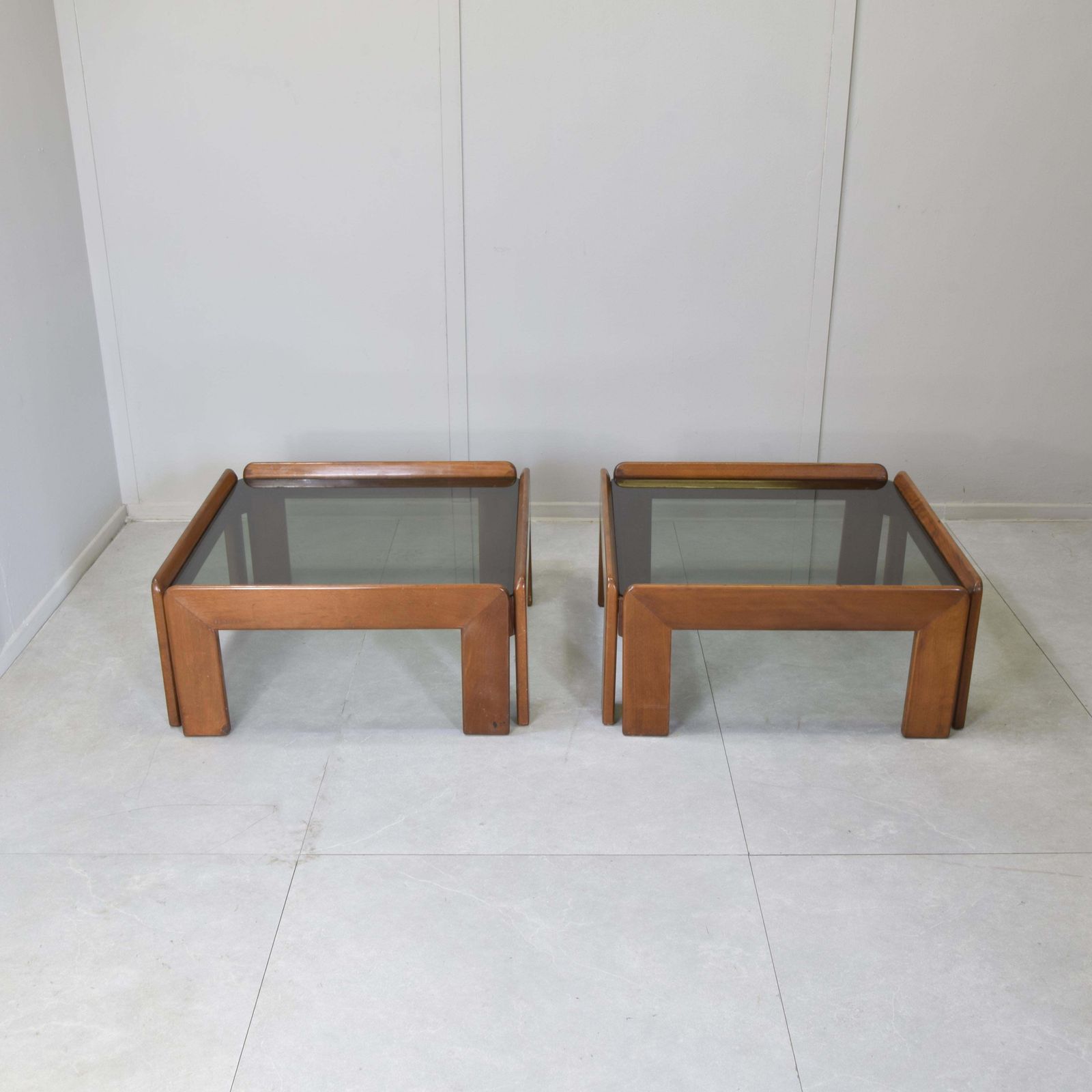 Afra & Tobia Scarpa For Cassina   Pair Of Walnut And Smoked Glass Coffee Tables photo furniture