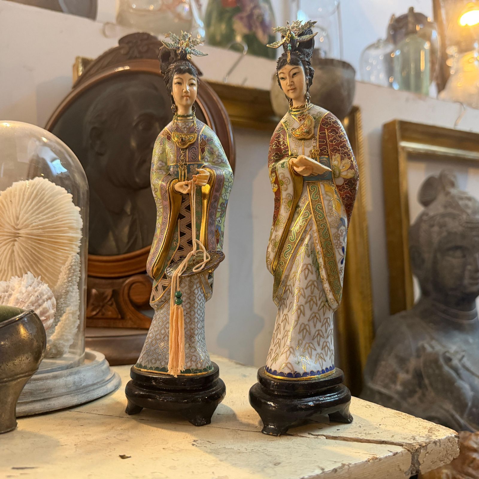 1571.0 Two 1960s Chinese Export Cloisonnè Traditional Figures Of Woman photo